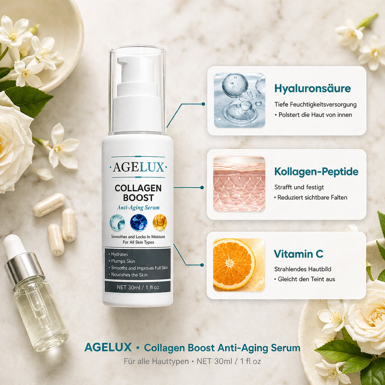 Agelux™ Collagen Boost Anti-Aging-Serum | Glätte Falten sichtbar in nur 3 Wochen
