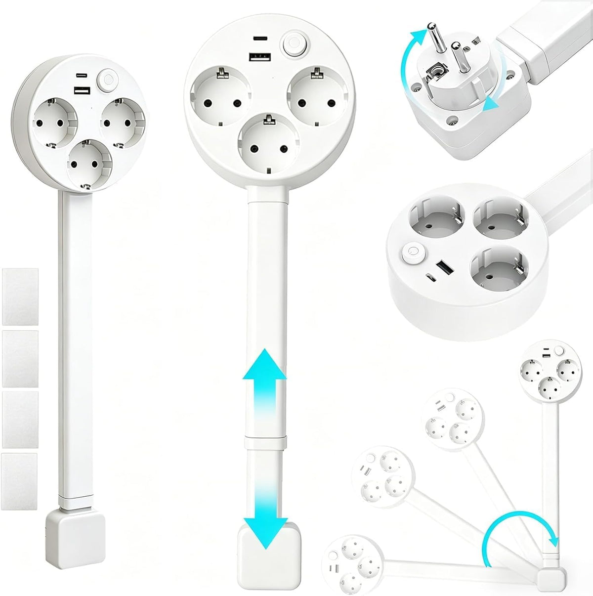 PowerReach™ | Ausziehbare Verlängerungssteckdose mit 3 EU-Steckdosen, USB-A & USB-C