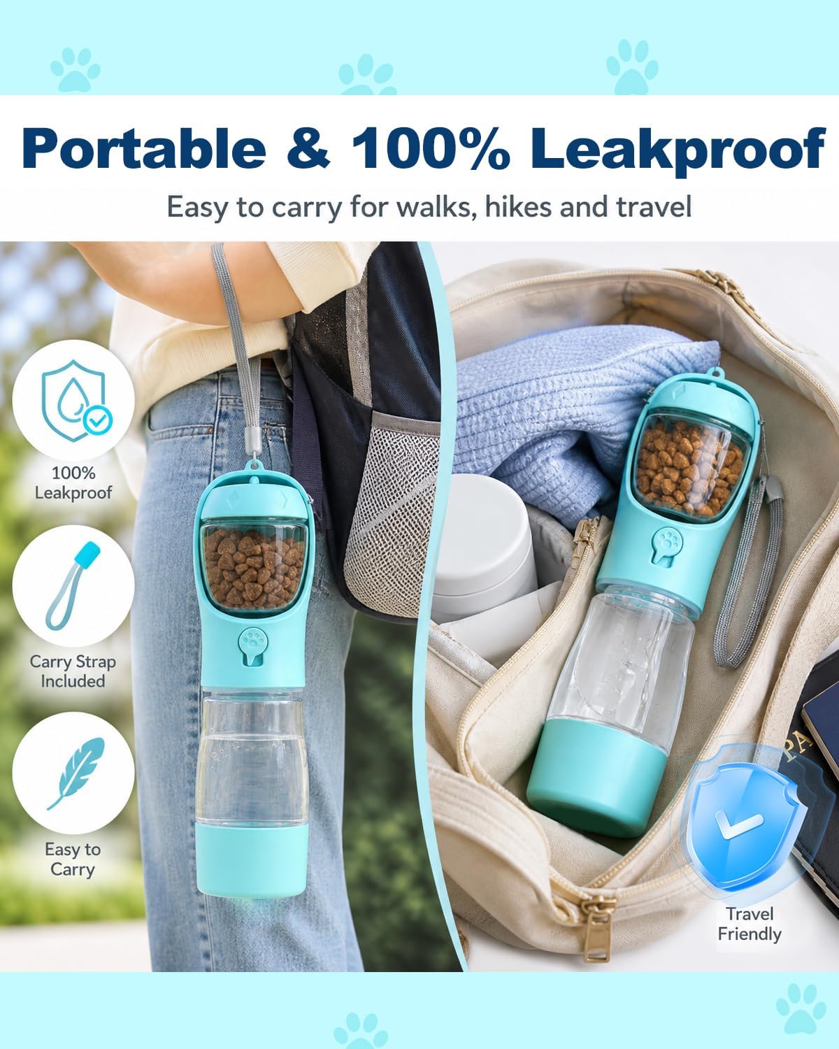 3-in-1 Hundetrinkflasche für unterwegs – Wasser, Futter & Kotbeutel immer griffbereit
