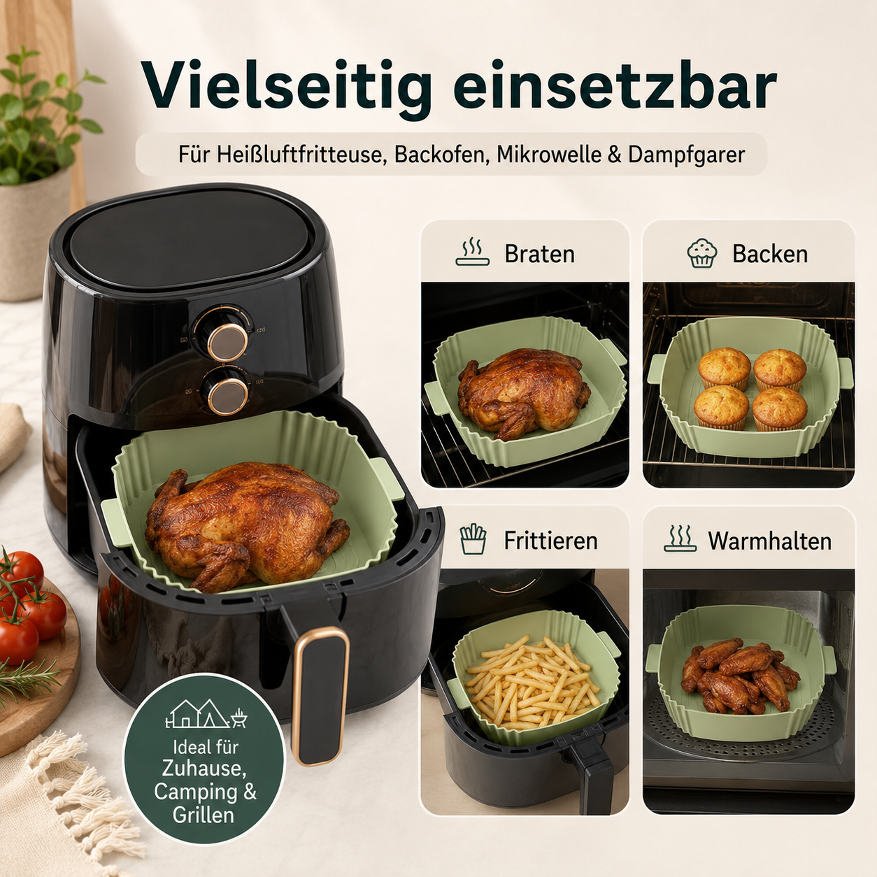 AirFryClean™ – 4er-Set Silikon-Einsätze für Heißluftfritteusen | Sauber kochen & leichter reinigen