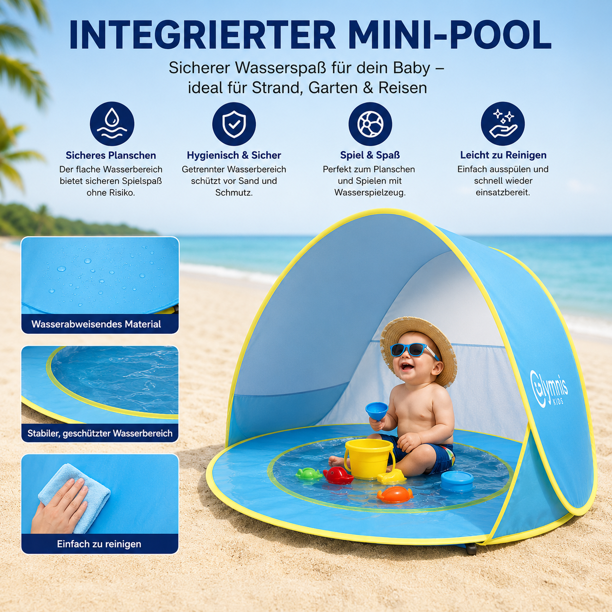 SunCove™ | Pop-Up Strandzelt – 1 Sekunde aufgebaut, mit integriertem Kinderpool, 98% UV-Schutz & ultraleicht