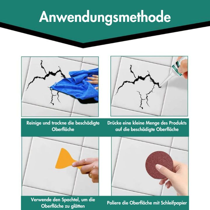 Fliesen Reparaturpaste 100 ml für Keramik & Porzellan | Fugenlos ausbessern in 10 Minuten | Inkl. Spachtel & Schleifpapier
