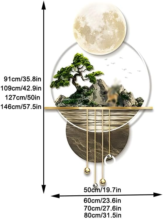Creative Landscape Wall Hanging Mural with LED Light, Large Metal Wall Art Sculpture Modern Home Decor, Hanging Painting Welcoming Pine Wall Art Decoration Lamp, for Living Room(Gold-A,60x109 cm/23.6x