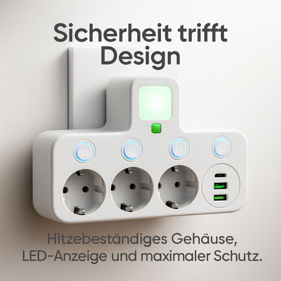 PowerGrid™ | Steckdosenleiste mit 3 Steckdose | Mehrfachsteckdose mit USB & Schalter