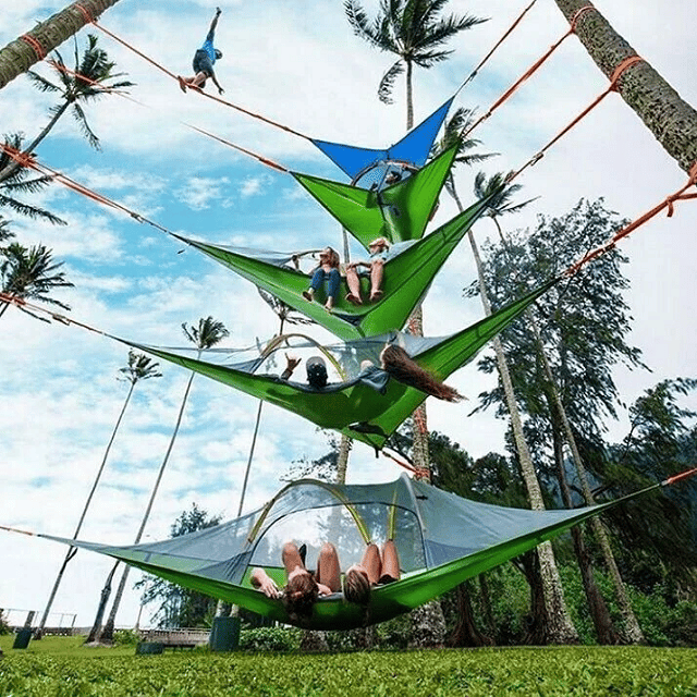 3-Punkt Camping Hängematte Dreieck | Bis 500 kg Tragkraft | Schwebend ohne ebenen Boden, Stauraumfächer für Outdoor & Garten