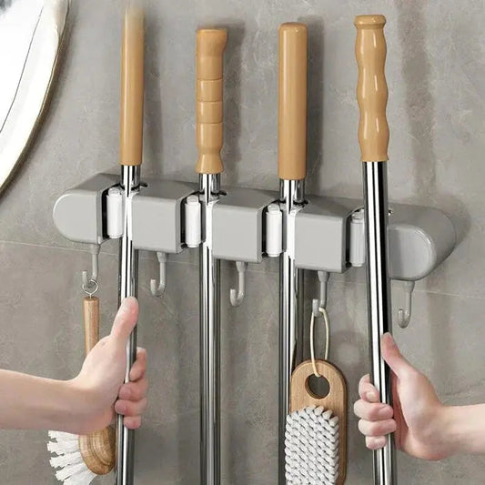 Wandhalterung für Wischmopp und Besen mit Haken (Organizer mit mehreren Steckplätzen)