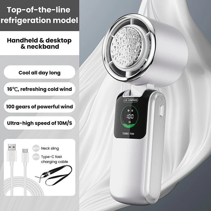 BREEZARO Mini Handventilator mit Kühlpack | 100 Geschwindigkeitsstufen | 10W Turbokraft | Klappbares & Tragbares Design