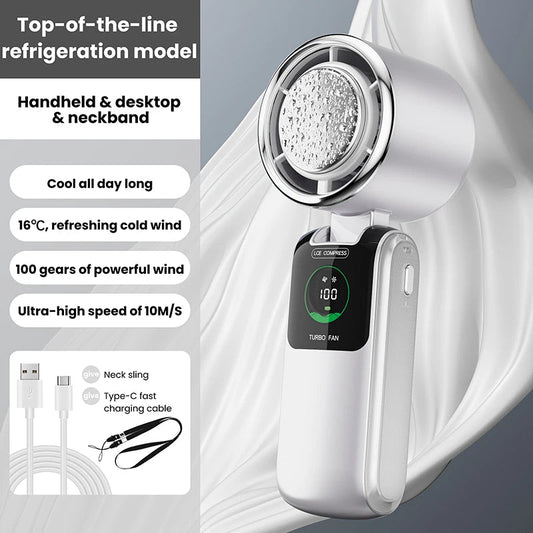 BREEZARO Mini Handventilator mit Kühlpack | 100 Geschwindigkeitsstufen | 10W Turbokraft | Klappbares & Tragbares Design