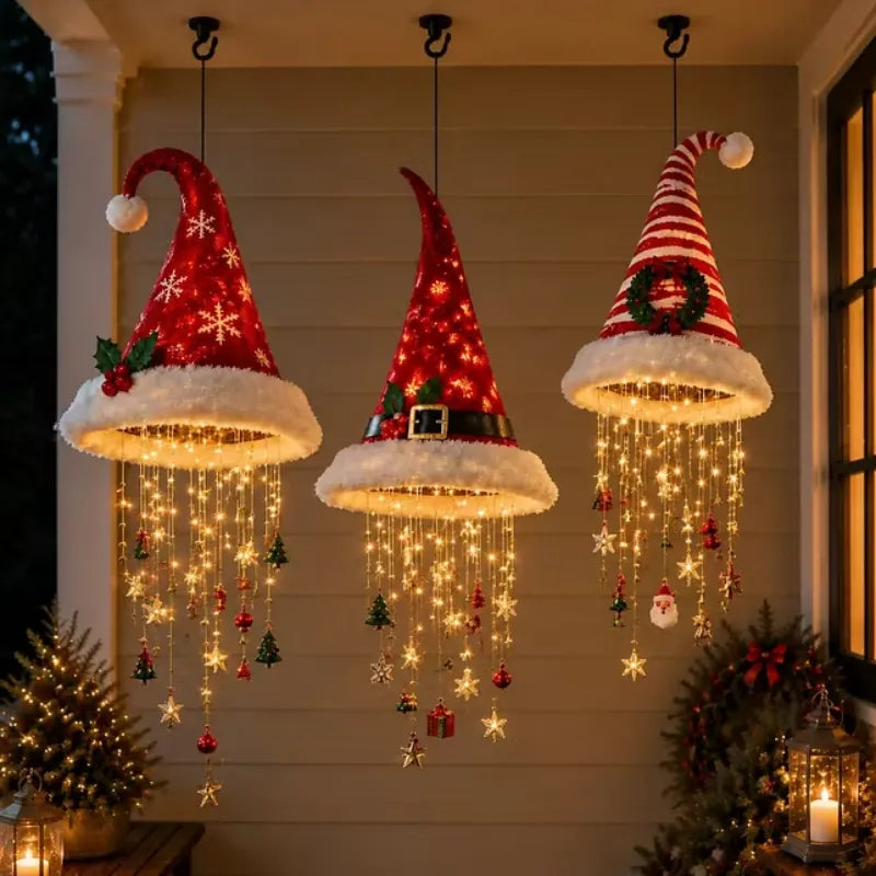 Hängende Weihnachtsmütze mit Licht – Leuchtende Weihnachtsdekoration für Fenster, Tür, Terrasse und Garten