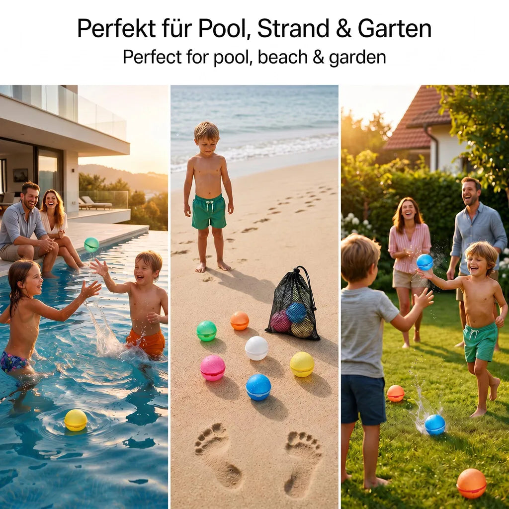 6x PRECORN Wasserbomben – Wiederverwendbar, selbstschließend, in 1 Sek. befüllt, weiche Splash-Bälle für Kinder & Erwachsene, Sommer, Pool & Strand