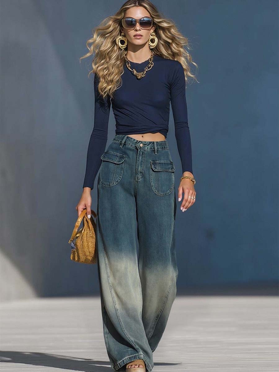 Lässige modische locker geschnittene Hose aus verlaufend Denim in Blau-Grau [Letzter Tag Rabatt]