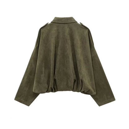 Luxuriöse khakifarbene Oversize Wildlederjacke