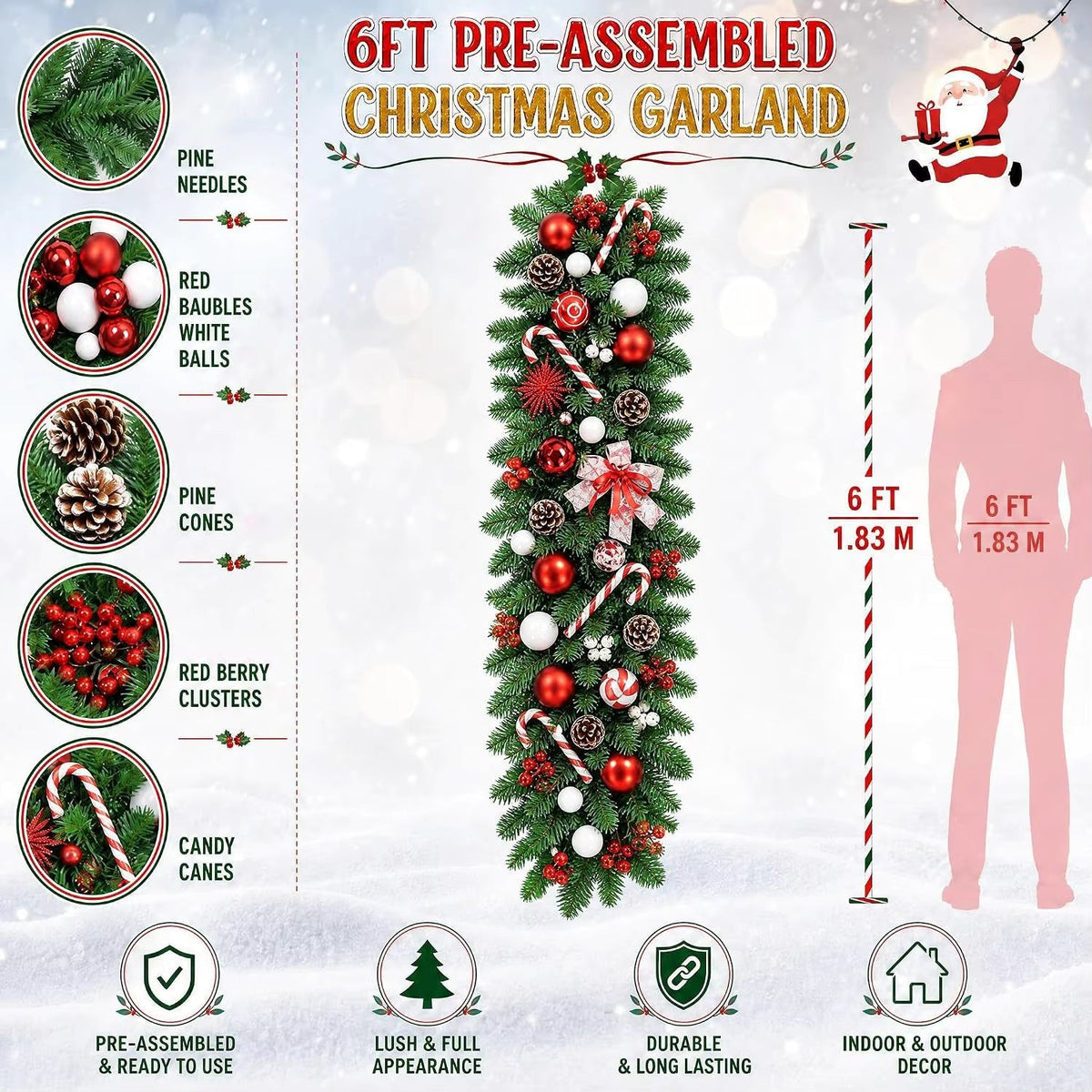 SnowBerry™ | Schneebedeckte Weihnachtsgirlande mit Tannenzapfen und roten Beeren