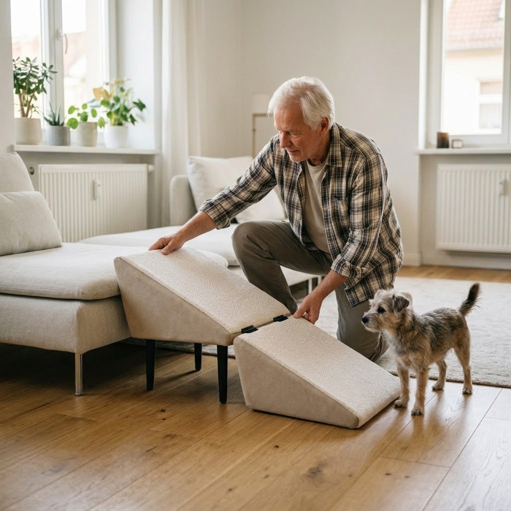 Hunderampe mit Hocker-Funktion – klappbare Aufstiegshilfe für Sofa & Bett