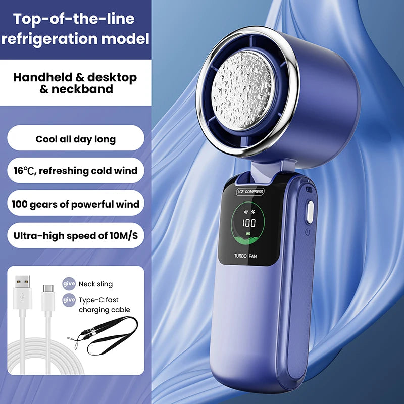 BREEZARO Mini Handventilator mit Kühlpack | 100 Geschwindigkeitsstufen | 10W Turbokraft | Klappbares & Tragbares Design