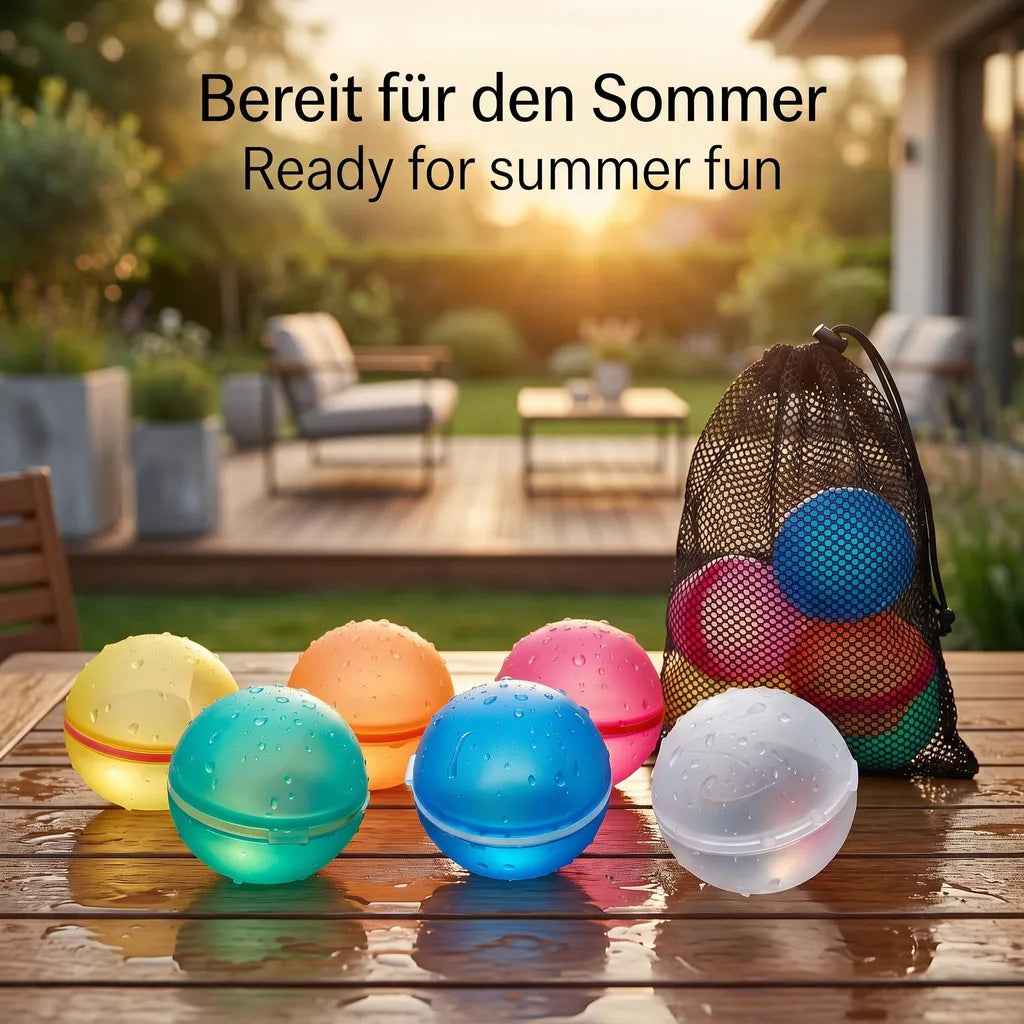6x PRECORN Wasserbomben – Wiederverwendbar, selbstschließend, in 1 Sek. befüllt, weiche Splash-Bälle für Kinder & Erwachsene, Sommer, Pool & Strand