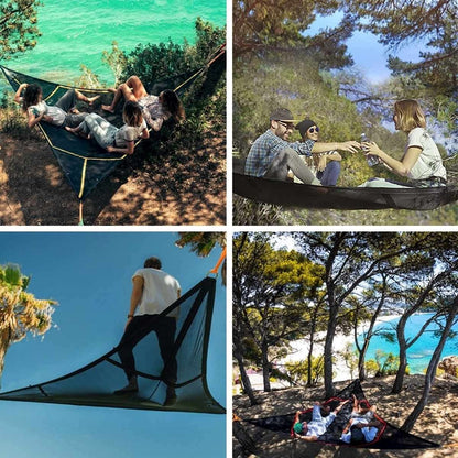 3-Punkt Camping Hängematte Dreieck | Bis 500 kg Tragkraft | Schwebend ohne ebenen Boden, Stauraumfächer für Outdoor & Garten