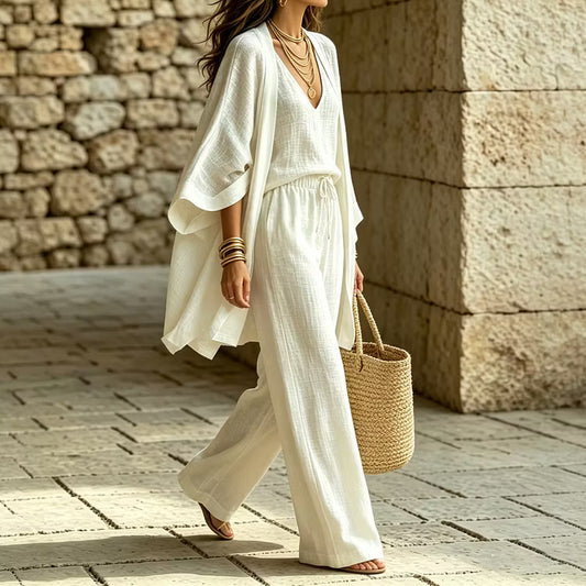Elegantes Dreiteiler-Set bestehend aus Dreiviertelarm-Cardigan, ärmelloser Weste und Hose