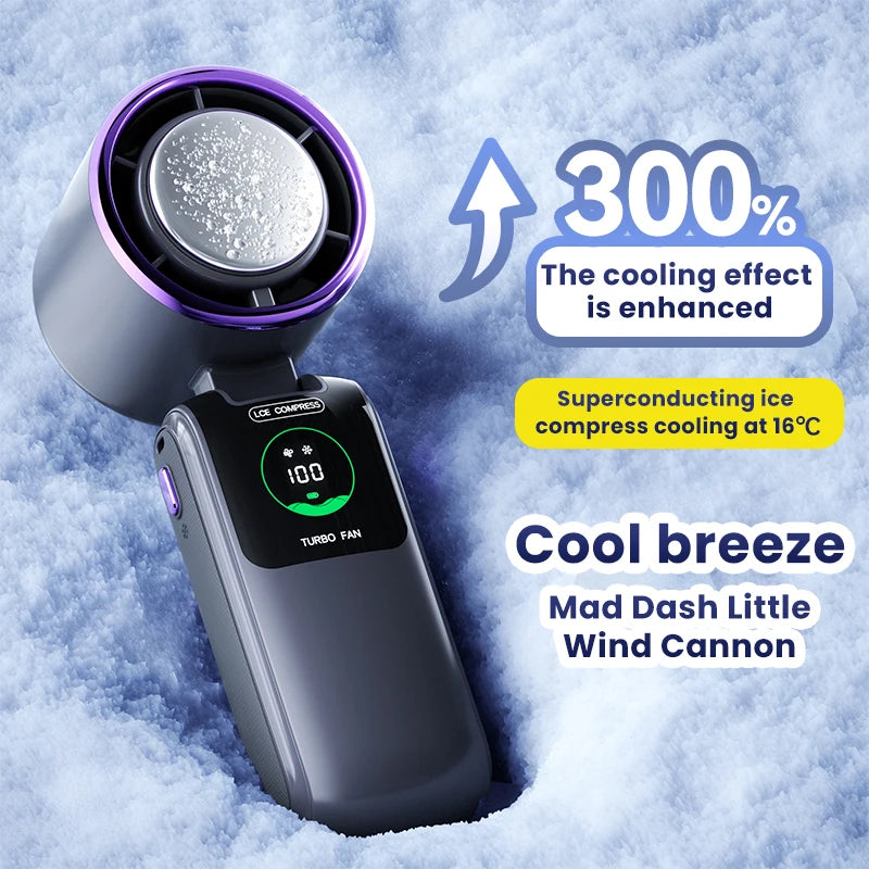 BREEZARO Mini Handventilator mit Kühlpack | 100 Geschwindigkeitsstufen | 10W Turbokraft | Klappbares & Tragbares Design