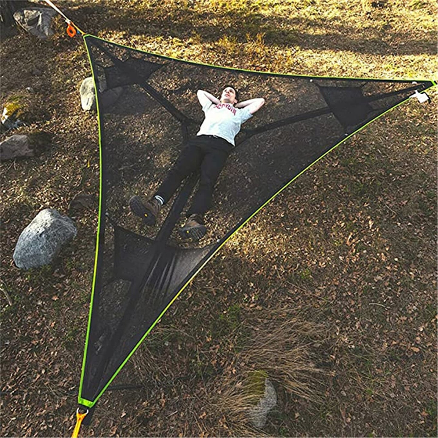 3-Punkt Camping Hängematte Dreieck | Bis 500 kg Tragkraft | Schwebend ohne ebenen Boden, Stauraumfächer für Outdoor & Garten