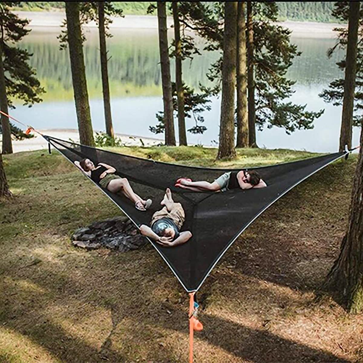 3-Punkt Camping Hängematte Dreieck | Bis 500 kg Tragkraft | Schwebend ohne ebenen Boden, Stauraumfächer für Outdoor & Garten