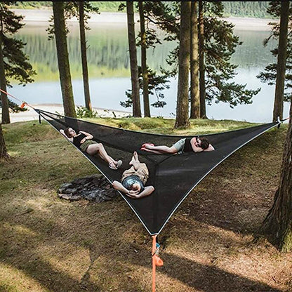 3-Punkt Camping Hängematte Dreieck | Bis 500 kg Tragkraft | Schwebend ohne ebenen Boden, Stauraumfächer für Outdoor & Garten