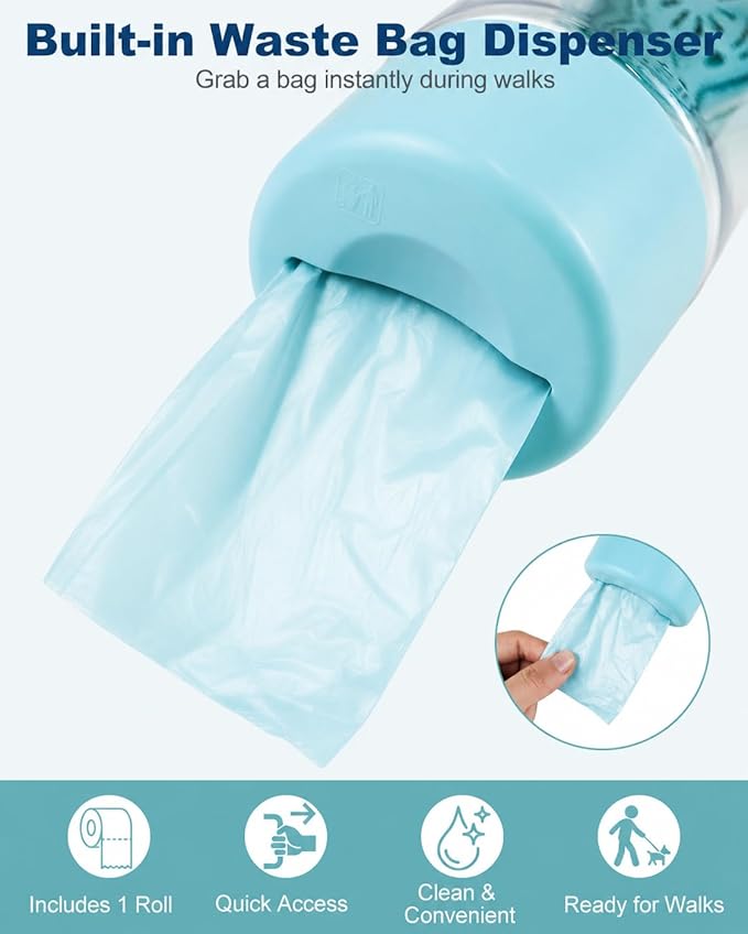 3-in-1 Hundetrinkflasche für unterwegs – Wasser, Futter & Kotbeutel immer griffbereit