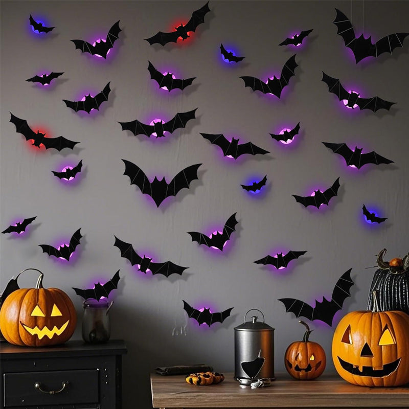 Halloween LED-Flugfledermaus-Deko – Leuchtende 3D-Fledermäuse für Veranda, Fenster, Tür, Garage & Partydeko