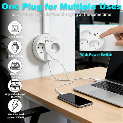 PowerReach™ | Ausziehbare Verlängerungssteckdose mit 3 EU-Steckdosen, USB-A & USB-C