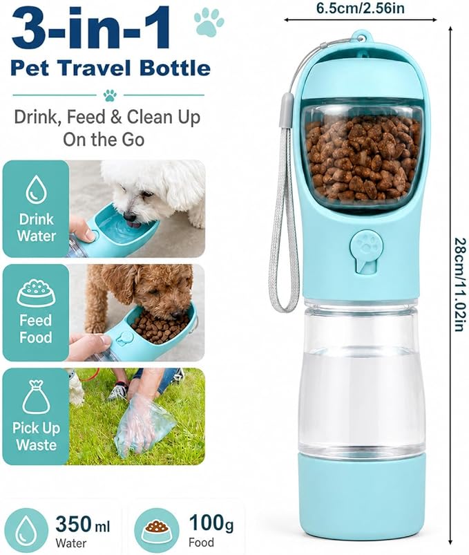 3-in-1 Hundetrinkflasche für unterwegs – Wasser, Futter & Kotbeutel immer griffbereit