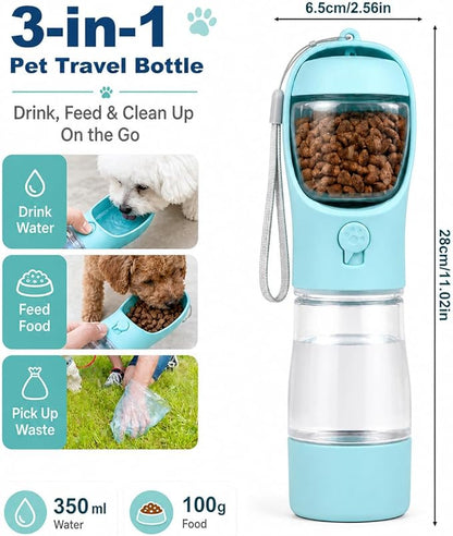 3-in-1 Hundetrinkflasche für unterwegs – Wasser, Futter & Kotbeutel immer griffbereit
