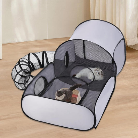 KittyCamp™ | Katzen-Spielzelt mit Tunnel – Faltbar, atmungsaktiv & stressreduzierend
