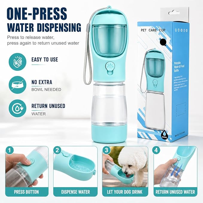 3-in-1 Hundetrinkflasche für unterwegs – Wasser, Futter & Kotbeutel immer griffbereit