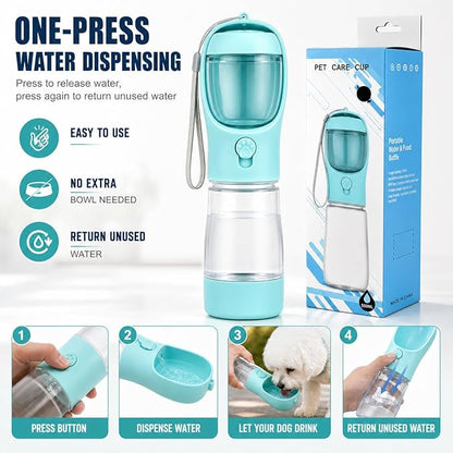 3-in-1 Hundetrinkflasche für unterwegs – Wasser, Futter & Kotbeutel immer griffbereit