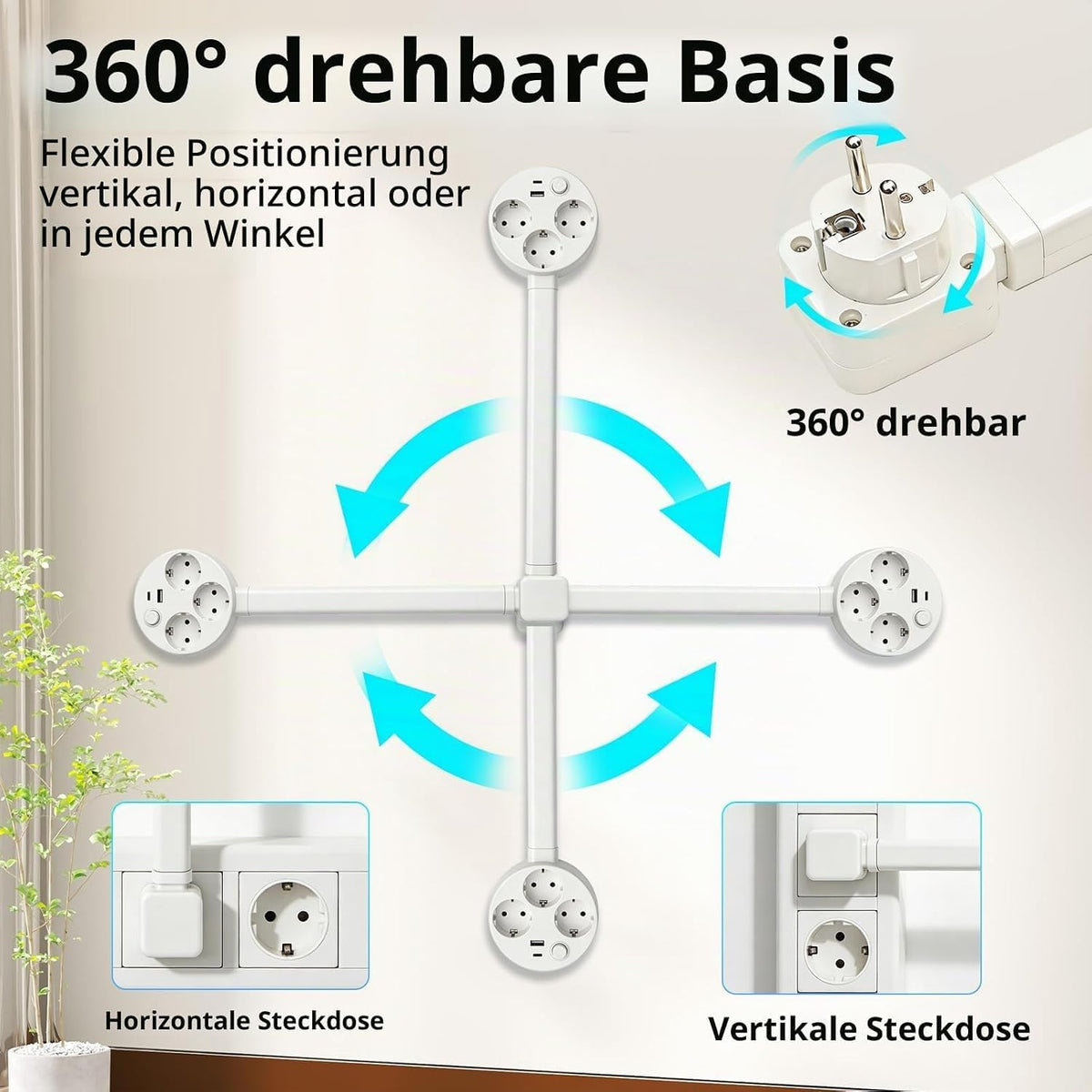 PowerReach™ | Ausziehbare Verlängerungssteckdose mit 3 EU-Steckdosen, USB-A & USB-C