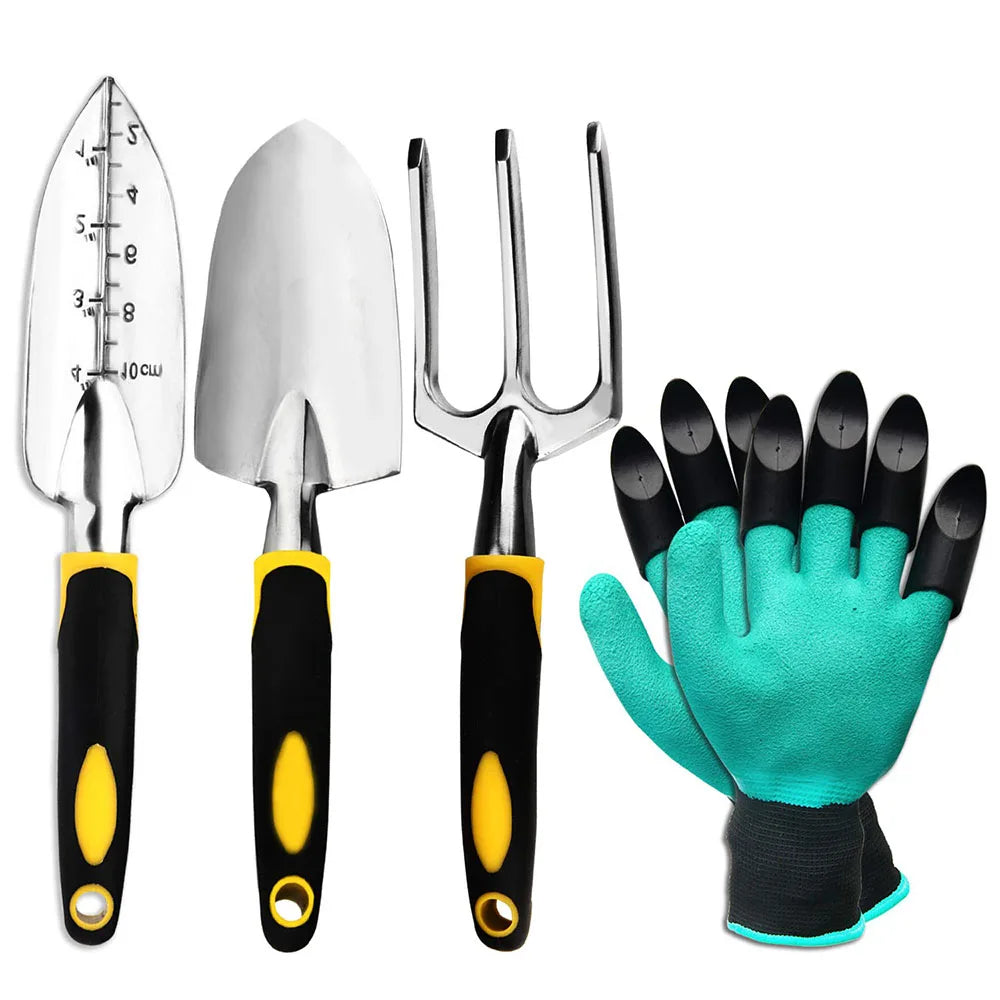 Erdwerk 4-teiliges Gartengeräte-Set | Edelstahlkonstruktion | Inklusive Handschuhe | Ergonomische Griffgriffe