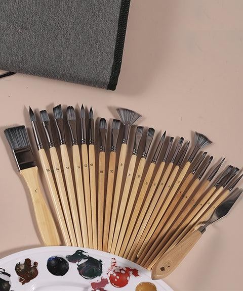 Pinselset 24-teilig | Profi Künstlerpinsel mit Holzgriff | Acryl, Aquarell, Öl & Gouache
