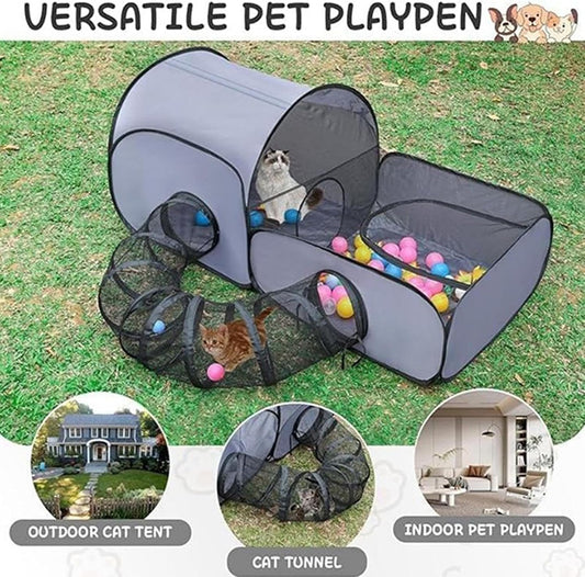 KittyCamp™ | Katzen-Spielzelt mit Tunnel – Faltbar, atmungsaktiv & stressreduzierend