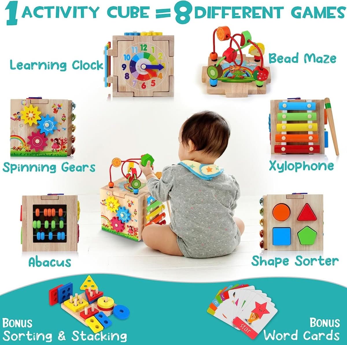 EduCube™ 8-in-1 | Montessori Aktivitätswürfel für spielerisches Lernen, Motoriktraining und frühe Entwicklung