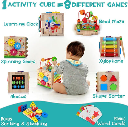 EduCube™ 8-in-1 | Montessori Aktivitätswürfel für spielerisches Lernen, Motoriktraining und frühe Entwicklung