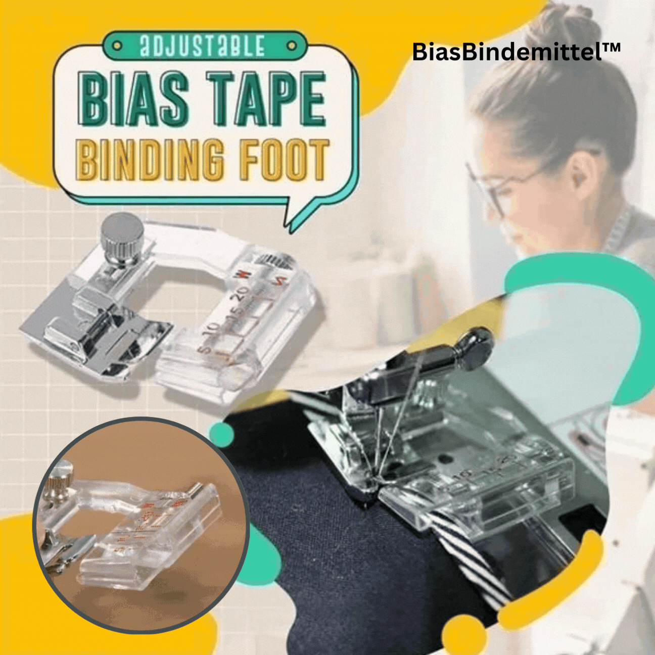 Verstellbarer Schrägbandfuß für Nähmaschinen | 5–20 mm einstellbar | Transparente Skalenführung, Snap-On, 2er-Set