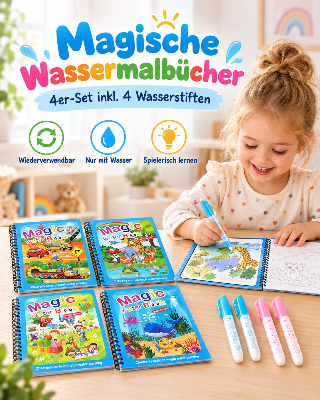 🎨 MagicWater™ | 4er-Set wiederverwendbare Wassermalbücher – Endloser Malspaß ohne Kleckern! | Letzter Tag Rabatt!