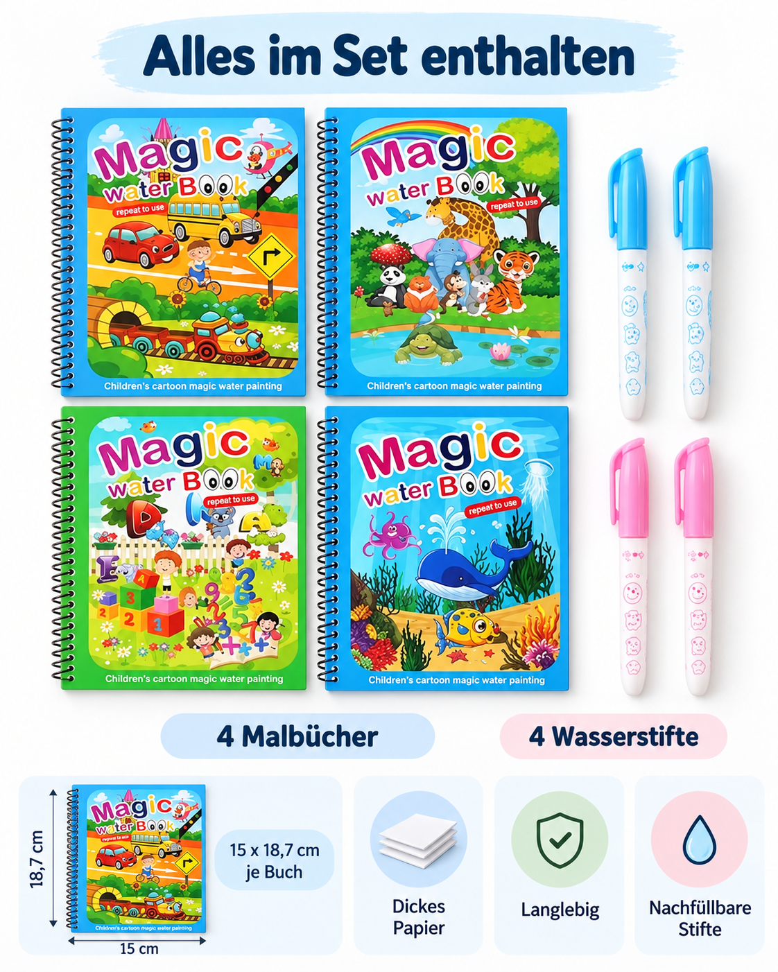 🎨 MagicWater™ | 4er-Set wiederverwendbare Wassermalbücher – Endloser Malspaß ohne Kleckern! | Letzter Tag Rabatt!