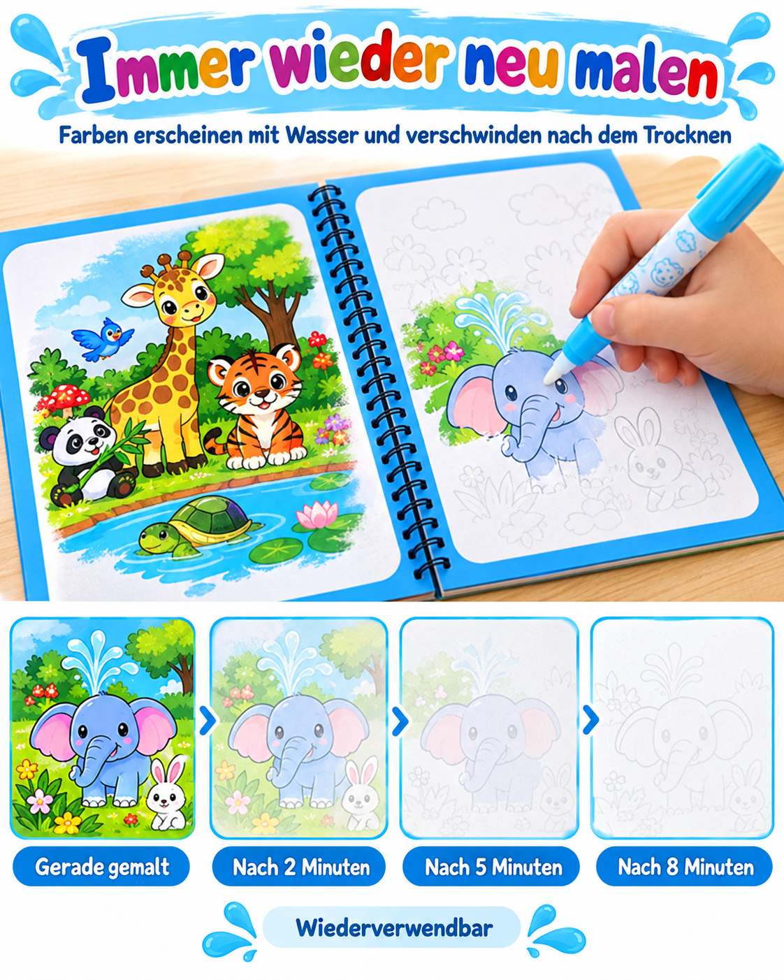 🎨 MagicWater™ | 4er-Set wiederverwendbare Wassermalbücher – Endloser Malspaß ohne Kleckern! | Letzter Tag Rabatt!