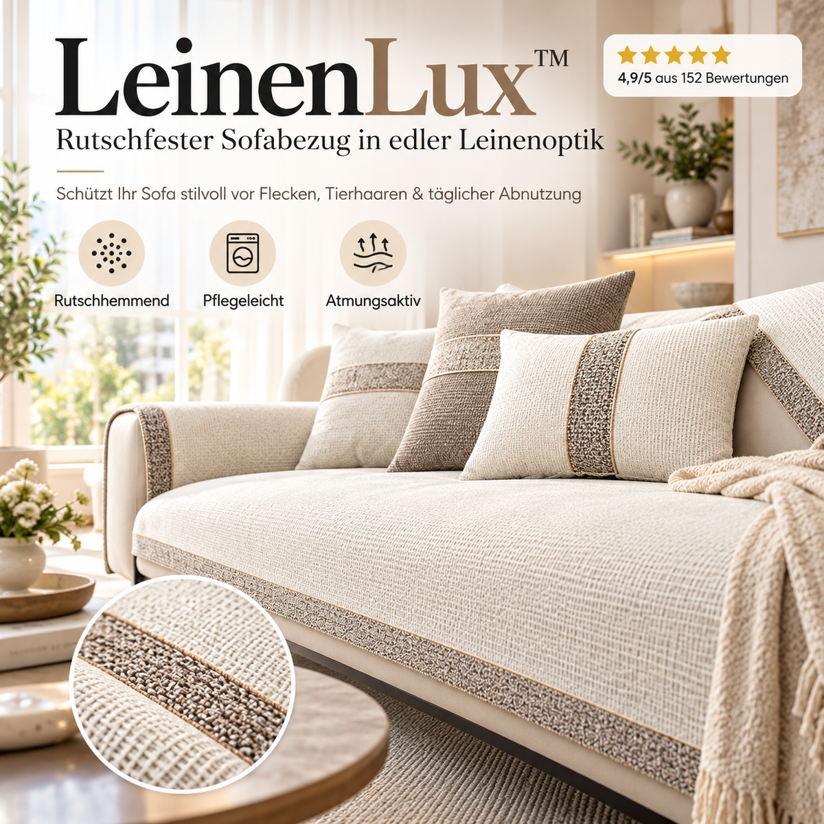 LeinenLux™ | Rutschfester Sofabezug in edler Leinenoptik – Für ein gemütliches Sofa zum Wohlfühlen!