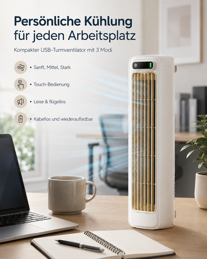 Mini USB-Turmventilator kabellos – leiser Tischventilator mit 3 Modi & Touch-Bedienung für Büro, Schlafzimmer & Küche
