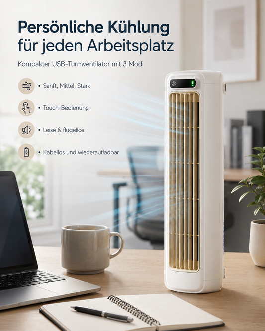 USB-Turmventilator kabellos – leiser Tischventilator mit 3 Modi & Touch-Bedienung für Büro, Schlafzimmer & Küche