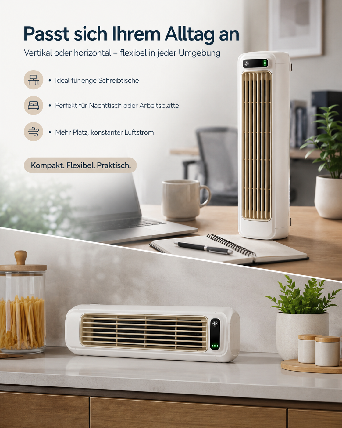 Mini USB-Turmventilator kabellos – leiser Tischventilator mit 3 Modi & Touch-Bedienung für Büro, Schlafzimmer & Küche