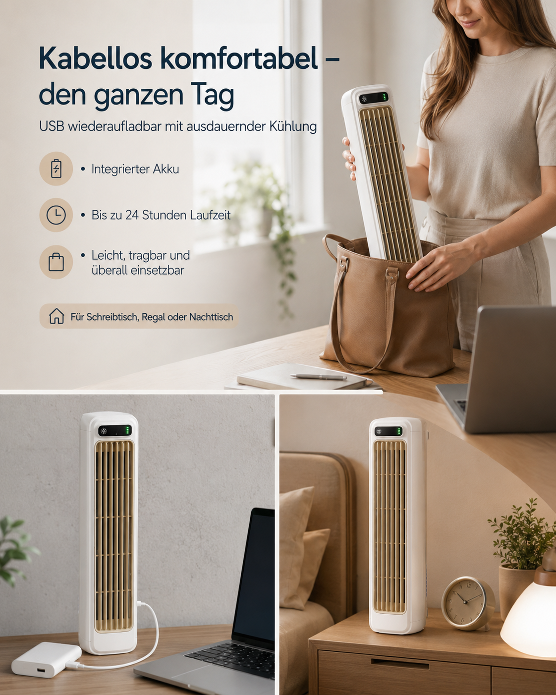 Mini USB-Turmventilator kabellos – leiser Tischventilator mit 3 Modi & Touch-Bedienung für Büro, Schlafzimmer & Küche