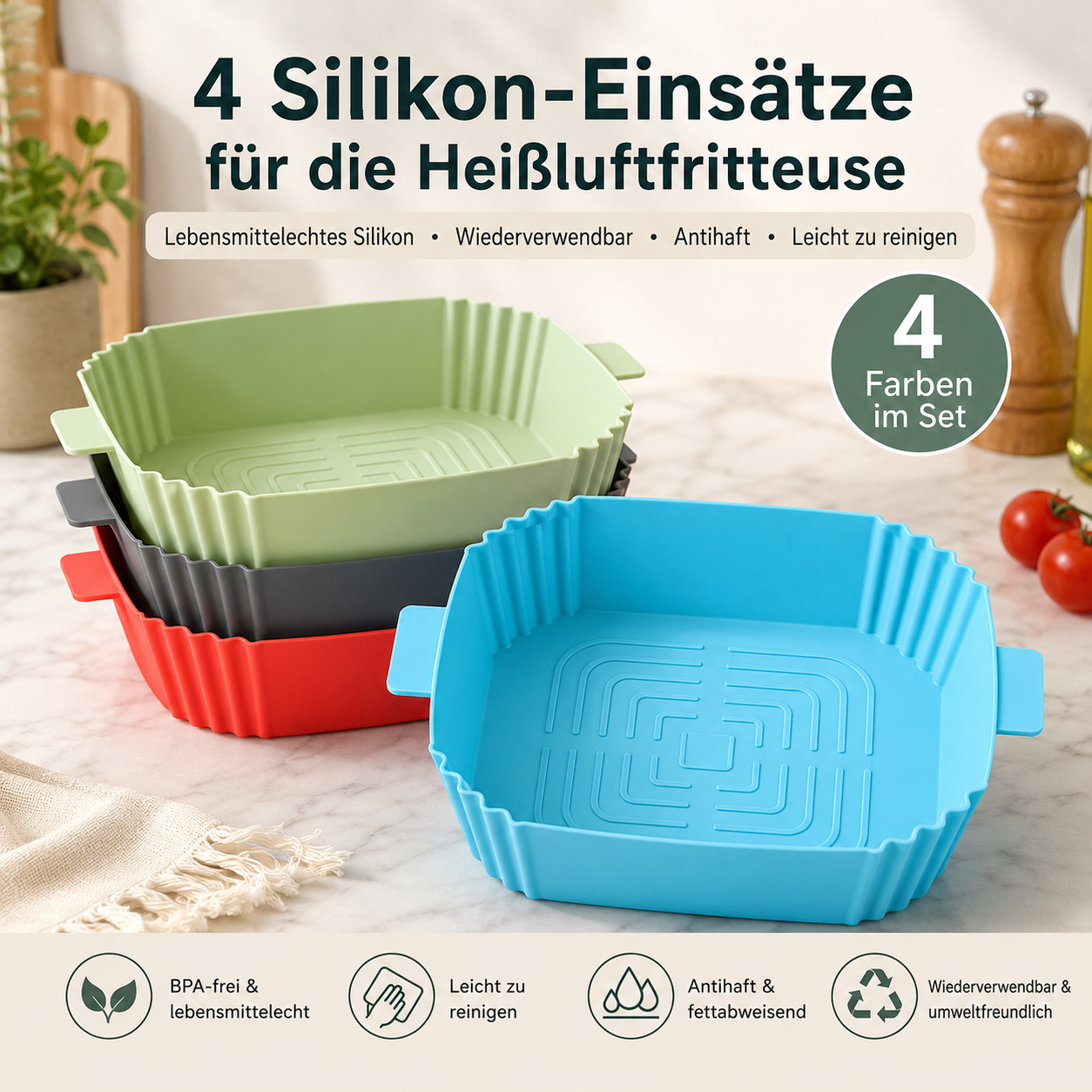 AirFryClean™ – 4er-Set Silikon-Einsätze für Heißluftfritteusen | Sauber kochen & leichter reinigen